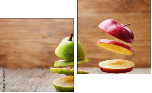 flying slices of fruit: apple, pear - Two-piece canvas print, Diptych