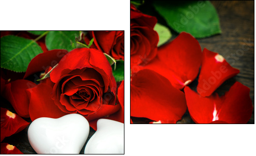 Red roses and two hearts. Valentines Day or Wedding vintage - Two-piece canvas print, Diptych