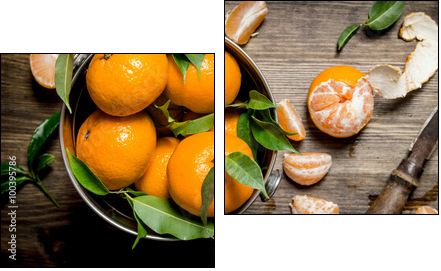 Fresh tangerines with a knife and peeled mandarins in the bucket. - Two-piece canvas print, Diptych