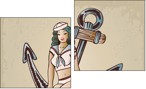 Vintage pinup sailor girl sitting on an anchor - Two-piece canvas print, Diptych