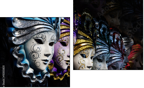 Row of venetian masks in gold and blue - Two-piece canvas print, Diptych