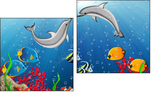 Underwater world with dolphins and tropical fishes - Two-piece canvas print, Diptych
