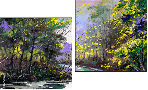 Autumn landscape with the wood river - Two-piece canvas print, Diptych