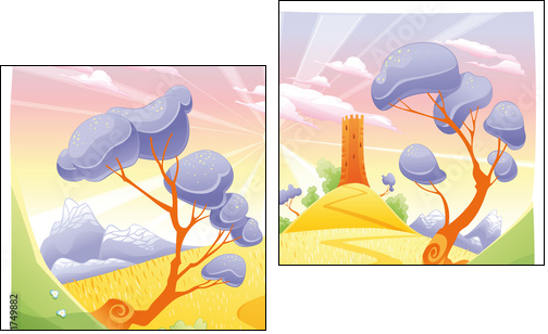 Landscape with tower. Funny cartoon and vector illustration. - Two-piece canvas print, Diptych