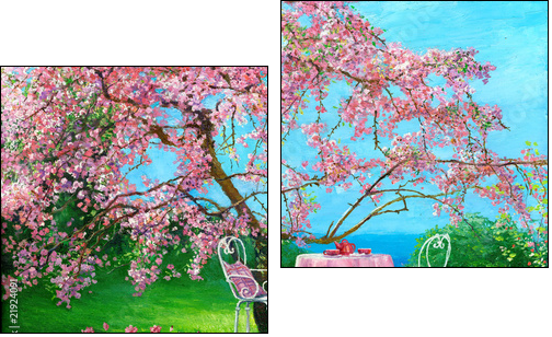 Blossoming plum in a spring garden - Two-piece canvas print, Diptych