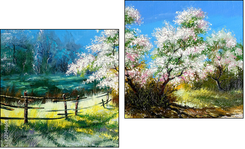 Blossoming bush on rural surburb - Two-piece canvas print, Diptych