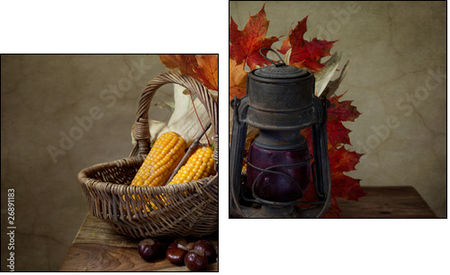 Herbstliches Stilleben mit Petroleumlampe und Mais in Weidenkorb - Two-piece canvas print, Diptych