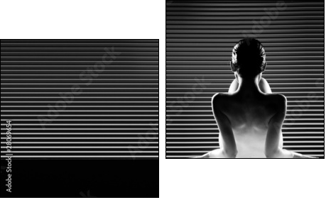 black and white back view artistic nude, on striped background. - Two-piece canvas print, Diptych