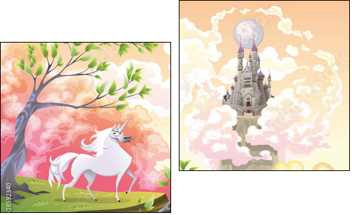 Unicorn and mythological landscape. Vector illustration - Two-piece canvas print, Diptych