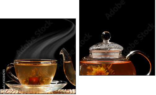 Glass teapot and a cup of green tea on a black background - Two-piece canvas print, Diptych
