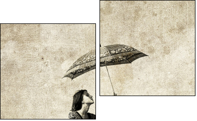 Girl with umbrella on bike. Photo in old image style. - Two-piece canvas print, Diptych