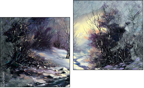 Landscape with winter wood small river - Two-piece canvas print, Diptych