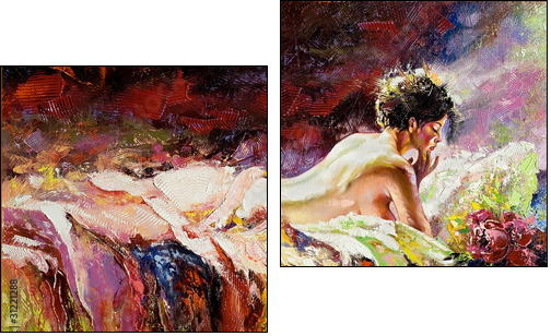 The naked girl laying on a bed - Two-piece canvas print, Diptych