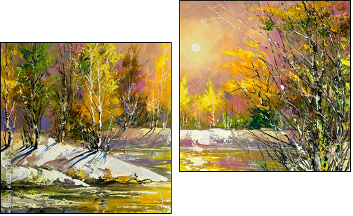 Autumn landscape on the bank of the river - Two-piece canvas print, Diptych