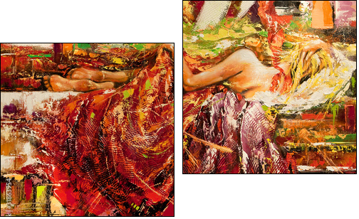 The sleeping girl drawn by oil on a canvas - Two-piece canvas print, Diptych