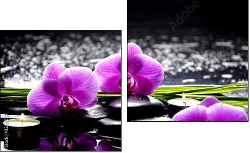 Spa still life with set of pink orchid and stones reflection - Two-piece canvas print, Diptych