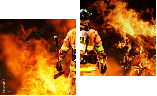 In to the fire, a Firefighter searches for possible survivors - Two-piece canvas print, Diptych
