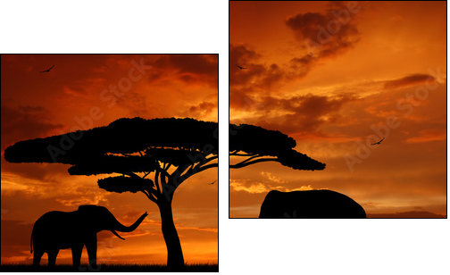 Silhouette two elephants in the sunset - Two-piece canvas print, Diptych