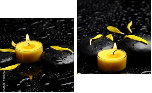 Spa concept-two candle with yellow flower petals on pebbles - Two-piece canvas print, Diptych