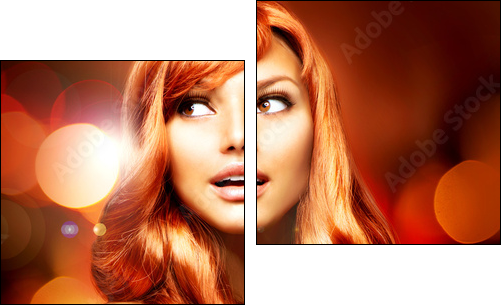 Beautiful Girl With Shiny Red Long Hair over Blinking Background - Two-piece canvas print, Diptych