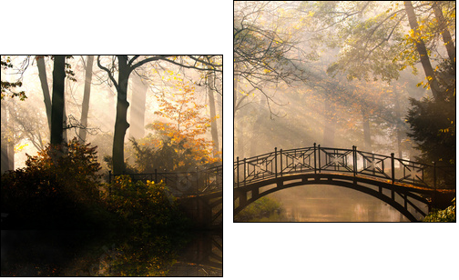 Autumn - Old bridge in autumn misty park - Two-piece canvas print, Diptych