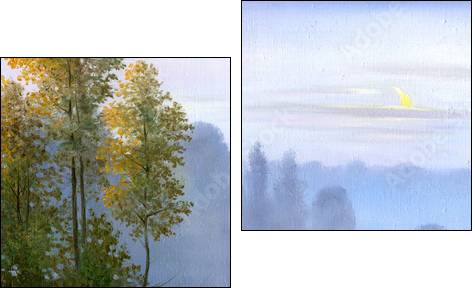 the boat on the bank of the lake, a canvas, oil - Two-piece canvas print, Diptych