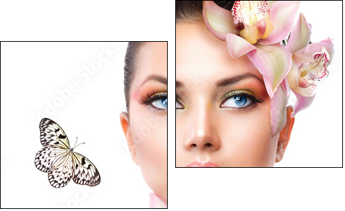 Beautiful Girl With Orchid Flowers and Butterfly - Two-piece canvas print, Diptych