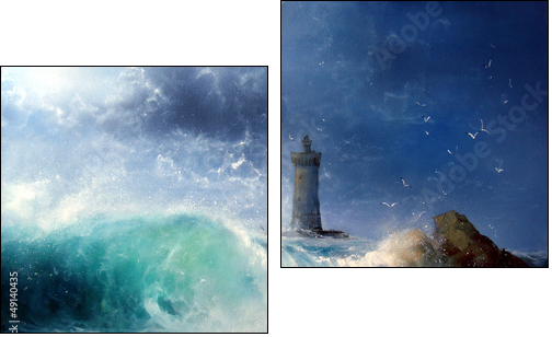 Seascape Wave and lighthouse - Two-piece canvas print, Diptych