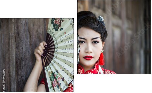 Chinese girl in traditional Chinese cheongsam blessing - Two-piece canvas print, Diptych