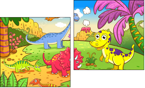 Cute dinosaurs in prehistoric scene - Two-piece canvas print, Diptych