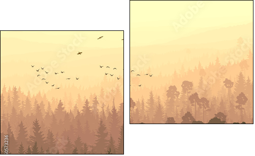Wild birds in coniferous wood in morning fog. - Two-piece canvas print, Diptych