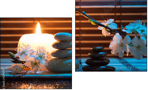 fiori di mandorla con candela e pietre bianche e nere - Two-piece canvas print, Diptych