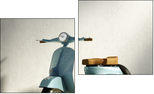 Vintage blue motorcycle vespa, by wall with fallen leaves - Two-piece canvas print, Diptych