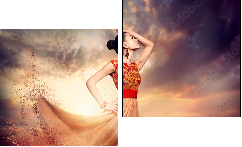 Dancing Fashion Woman wearing Blowing Long Chiffon Dress - Two-piece canvas print, Diptych