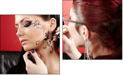 Brunette having applied face tattoo by makeup artist - Two-piece canvas print, Diptych