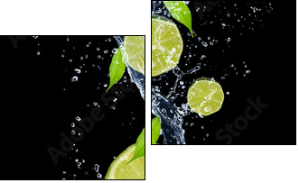 Limes in water splash, isolated on black background - Two-piece canvas print, Diptych