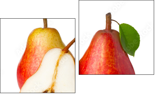 Ripe red pear fruits with green leaves isolated - Two-piece canvas print, Diptych