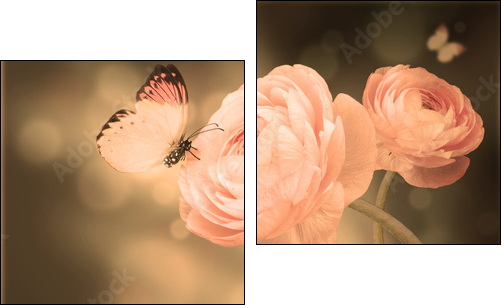 Bouquet of pink roses against a dark background  butterfly - Two-piece canvas print, Diptych