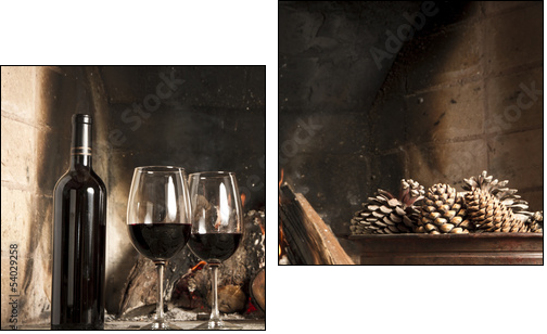 Copas de vino y botella de vino tinto, mano, brindis - Two-piece canvas print, Diptych