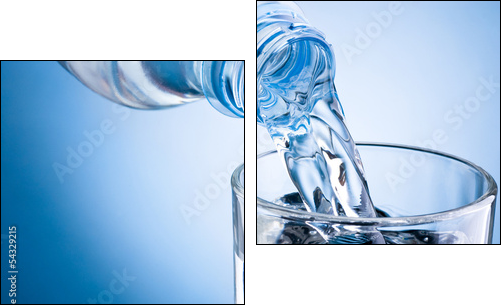 Pouring water from bottle into glass on blue background - Two-piece canvas print, Diptych