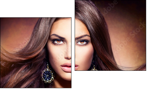 Glamour Beautiful Woman with Blowing Brown Hair - Two-piece canvas print, Diptych