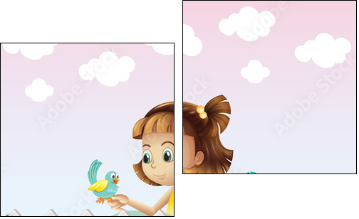 A young girl playing with the birds near the fence - Two-piece canvas print, Diptych