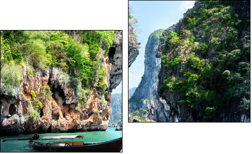 long boat and rocks on railay beach in Krabi, Thailand - Two-piece canvas print, Diptych