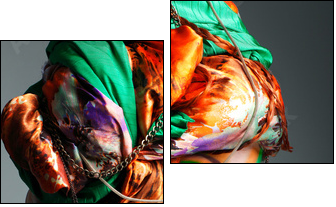 photo of redheaded girl in a head-dress from the coloured fabric - Two-piece canvas print, Diptych