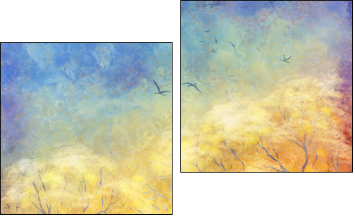 Digital oil painting autumn trees, flying birds - Two-piece canvas print, Diptych