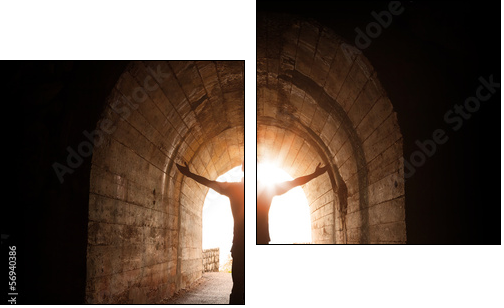 Man stands inside of old dark tunnel - Two-piece canvas print, Diptych