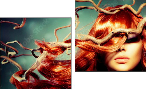 Fashion Model Woman Portrait with Long Curly Red Hair - Two-piece canvas print, Diptych