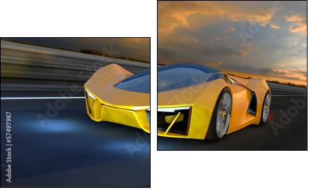 A yellow Future Fantasy Car on a Racing Track - Two-piece canvas print, Diptych