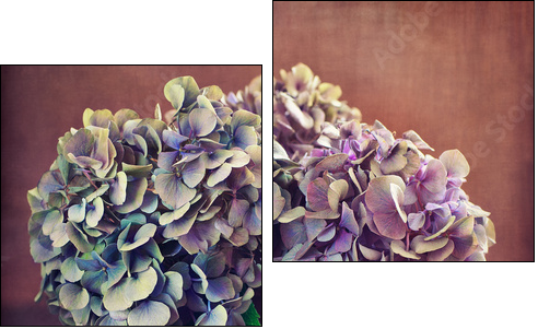 purple hydrangea flowers and a wooden heart on a table. - Two-piece canvas print, Diptych