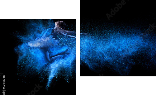 Young beautiful dancer jumping into blue powder cloud - Two-piece canvas print, Diptych